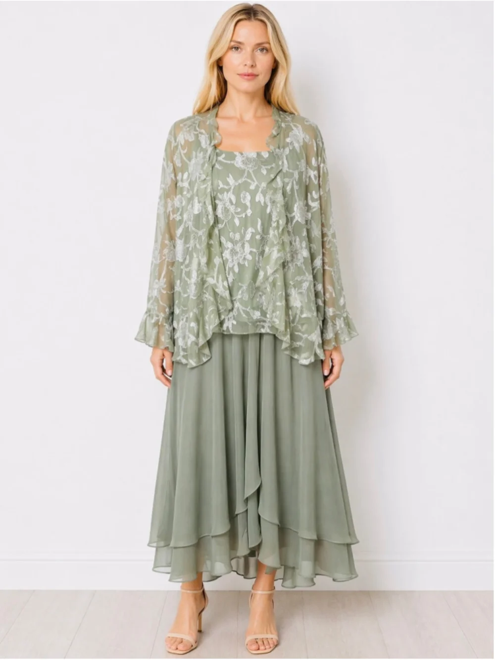 Alex Evenings Mother of the Bride Twin Skirt Set Green Embroidered Chiffon 1X - Picture 1 of 14
